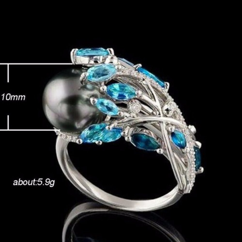 Luxury 925 Silver Round Cut Black Pearl Ring New - Picture 2 of 2